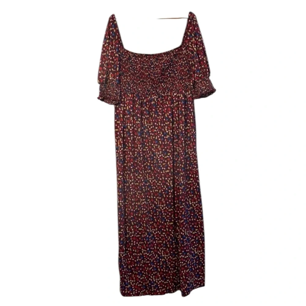 ASOS Burgundy Floral Smocked Puff Sleeve Maxi Dress Sundress Size US 16 - Picture 6 of 10